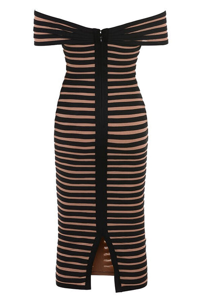 JUNE LIPS  New  Women Off Shoulder Party Dress  Black Stripe Midi Bandage Dress Sexy  Birthday Evening Dress Outfits