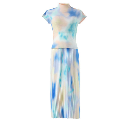 Gradient Pleated 2 Pieces Round Neck Short Sleeves Slim Tops High Waist Fold Skirts Female Clothing
