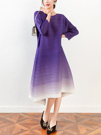 Women Pleated Dress Gradient Color O-neck Elegant Loose Waist Long Sleeve Dresses