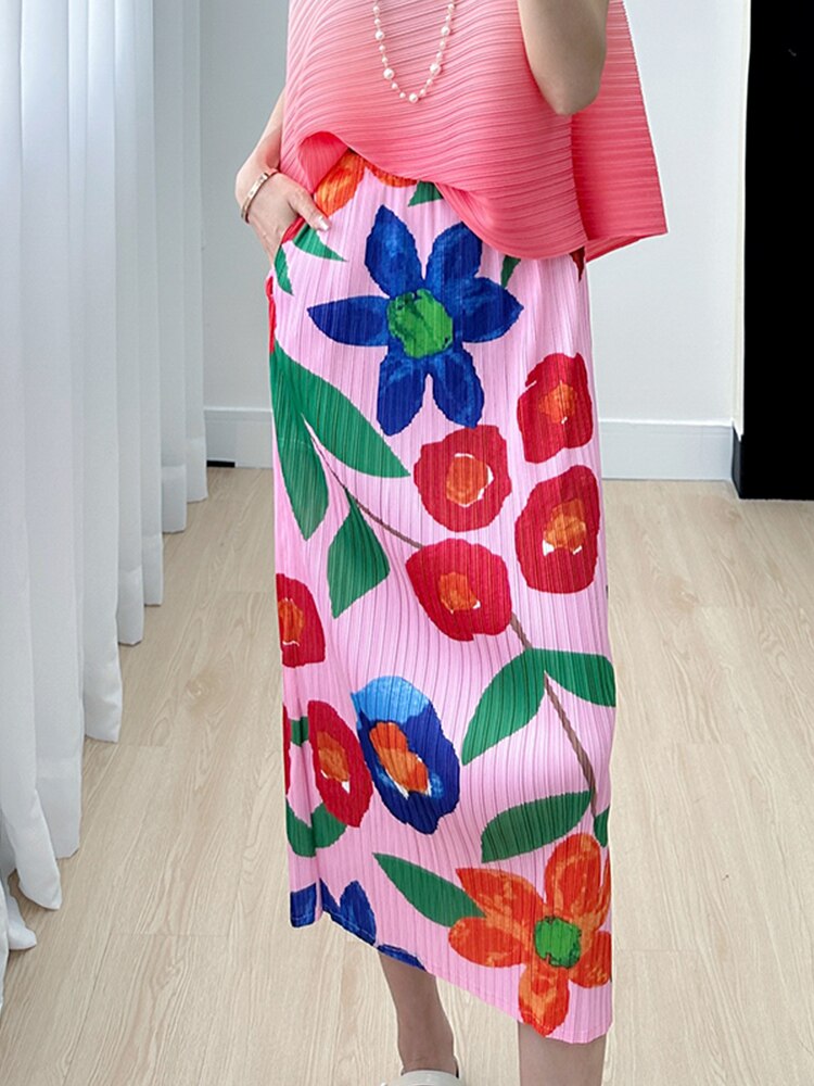 Miyake High-end Print Pink Half-body Skirt  Summer New Slim and Versatile Pleated Open A Word Women's Skirt