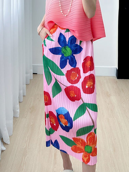 Miyake High-end Print Pink Half-body Skirt  Summer New Slim and Versatile Pleated Open A Word Women's Skirt