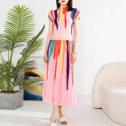 Contrast Color Pleated 2 Pieces Set Women's Turtleneck Short Sleeves Tops High Waist Fold Skirts Casual Clothes