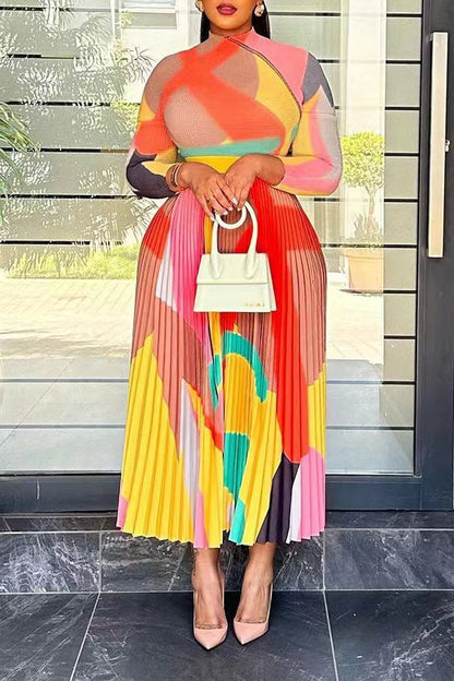 Luxury Designer Young Sexy Faicycore Chiffon Office Lady Pleated Turtleneck Full Sleeve Women Long Loose Dress