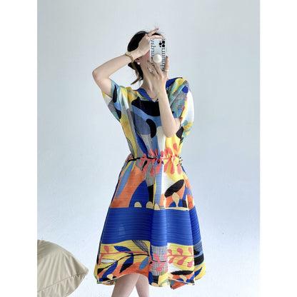 Pleated Summer Comfortable Retro Print Loose V-neck Dress Women's Fashion Temperament Drawstring Waist Skirt