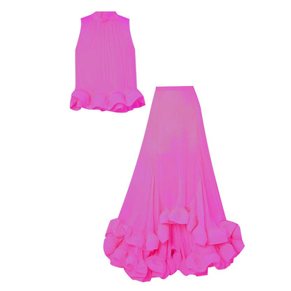 Solid Two Piece Sets For Women Stand Collar Sleeveless Tops High Waist Irregular Ruffles Skirts Summer Set Female