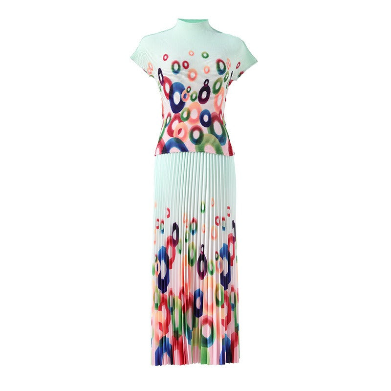 Printed pleated suit for women's pullover, elastic short sleeved top, elastic waist, loose draped half skirt