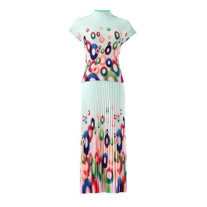 Printed pleated suit for women's pullover, elastic short sleeved top, elastic waist, loose draped half skirt