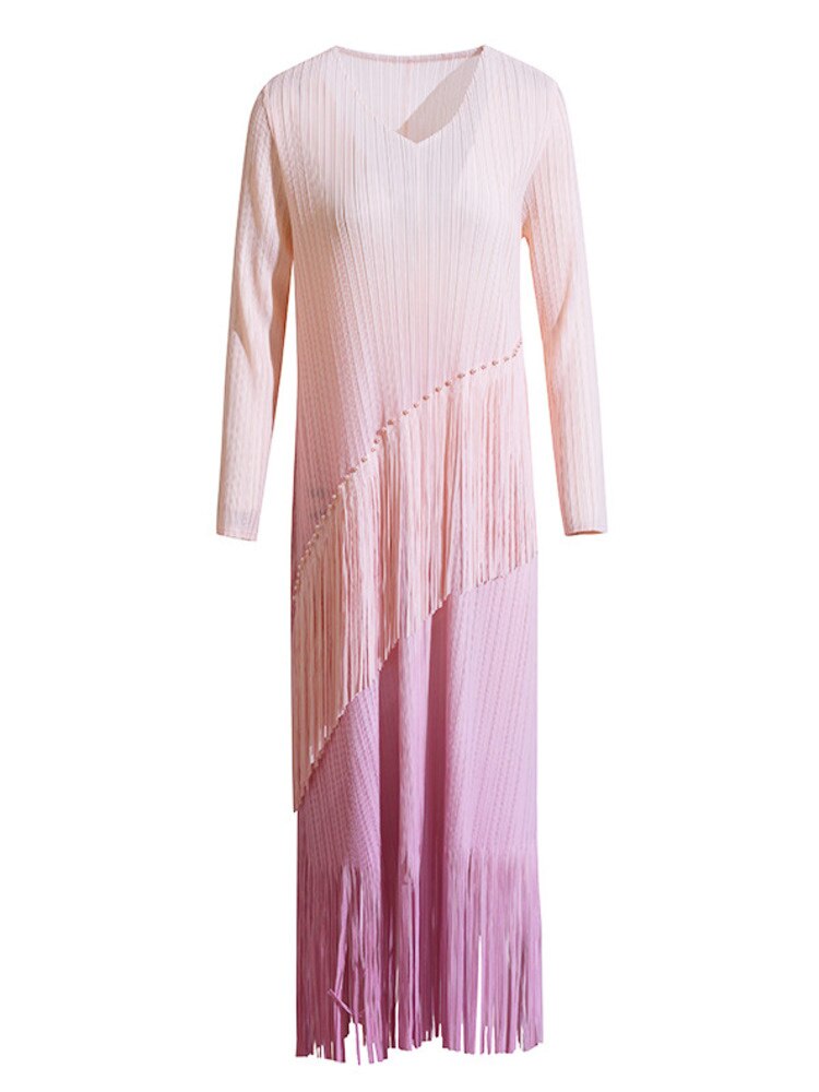 Pleated Dress For Women Gradient Color Round Collar Tassel Long Sleeve Loose  Summer Female Elegant