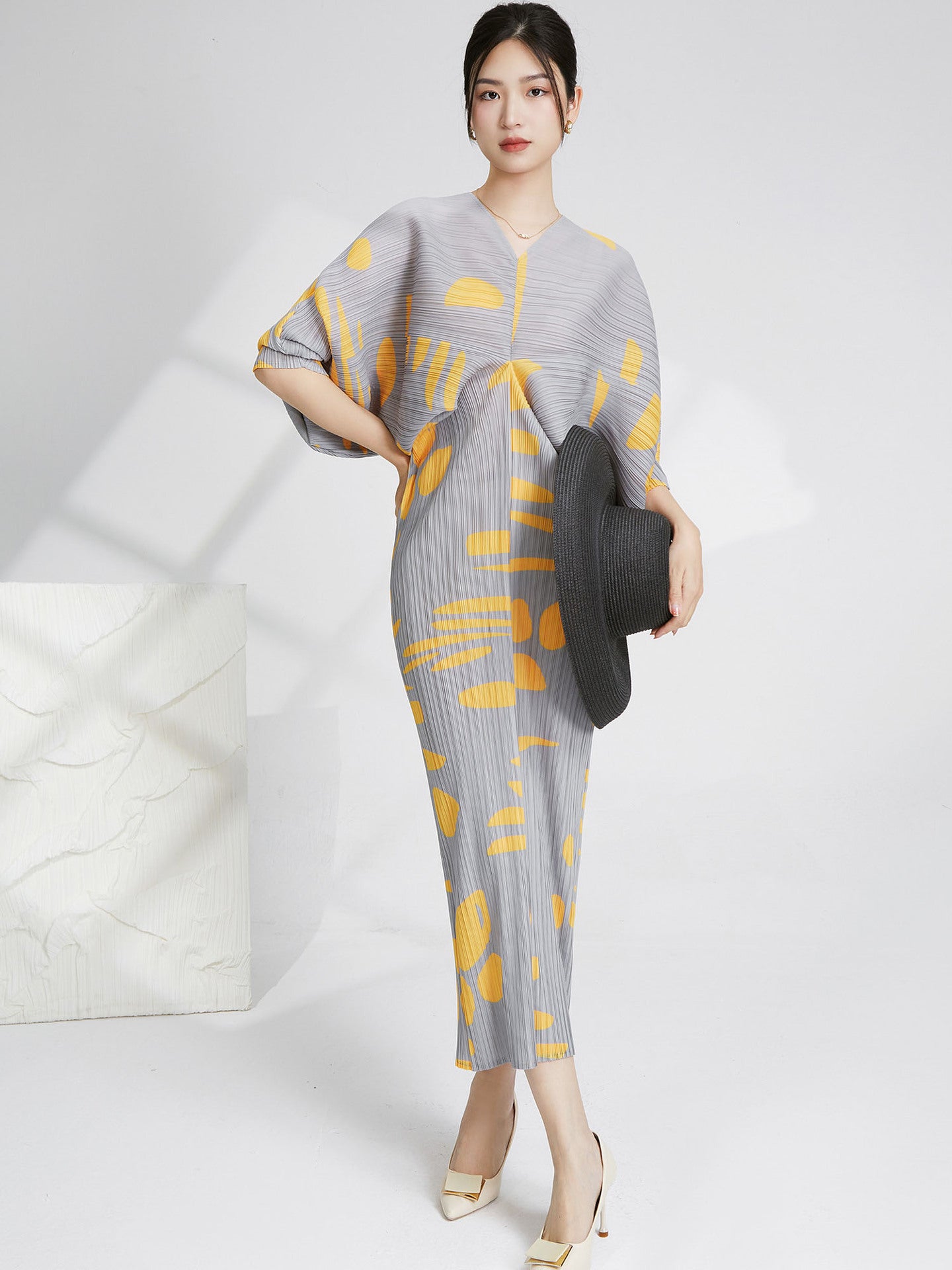 Pleated Dress For Women V Neck Batwing Sleeves Printing Maxi Dresses Female Luxury Evening Clothing