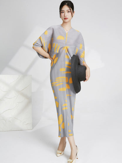Pleated Dress For Women V Neck Batwing Sleeves Printing Maxi Dresses Female Luxury Evening Clothing