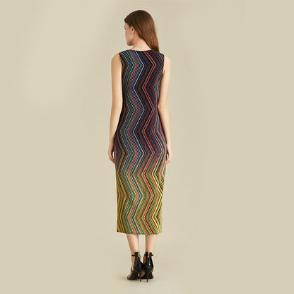 Pleated Dress Women Sleeveless Colorful Striped Halter Long Length Casual Elegant Slim