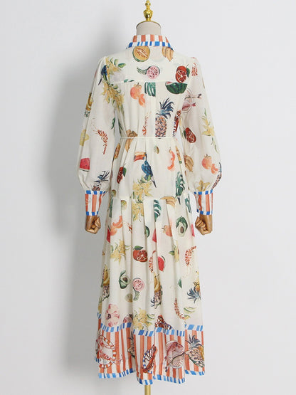 FRUIT PRINTED LONG DRESS FLIP NECK LAMP SLEEVE TIE UP DRESS