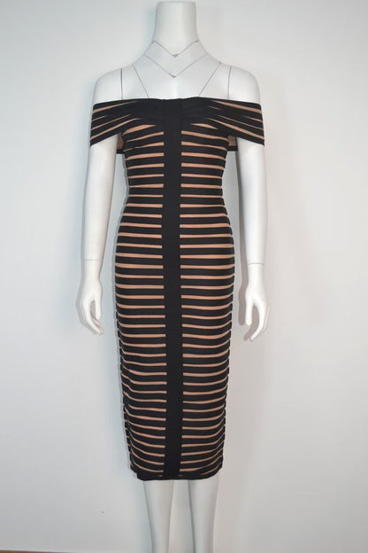 JUNE LIPS  New  Women Off Shoulder Party Dress  Black Stripe Midi Bandage Dress Sexy  Birthday Evening Dress Outfits