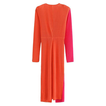 PB&ZA summer new women's fashion temperament V-neck chic slim knot decorated colour blocking pleated dress