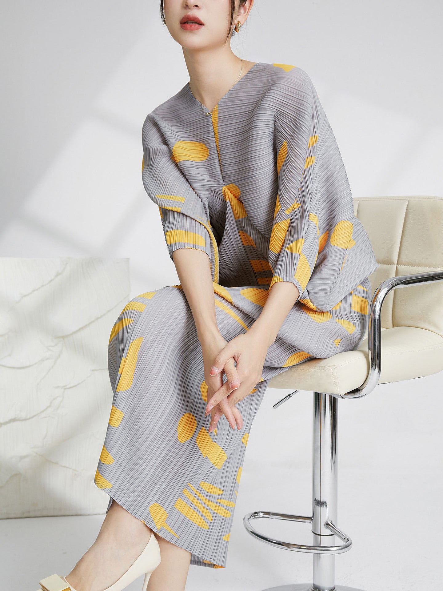 Pleated Dress For Women V Neck Batwing Sleeves Printing Maxi Dresses Female Luxury Evening Clothing