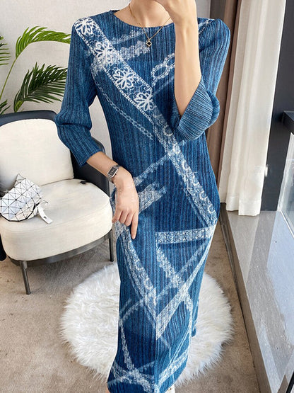 Fashion Mid-length Pleated Dress women Print Round Collar Three Quarter Sleeve Loose Female Clothes