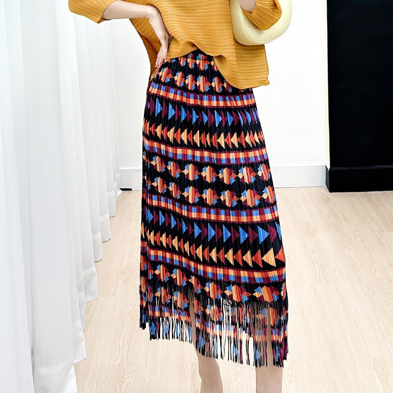 Vintage Printing Tassel Pleated Skirts For Women High Waist With Elastic Midi Skirt Tide Fashion Summer