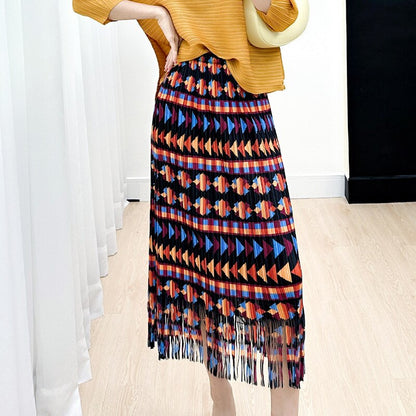 Vintage Printing Tassel Pleated Skirts For Women High Waist With Elastic Midi Skirt Tide Fashion Summer