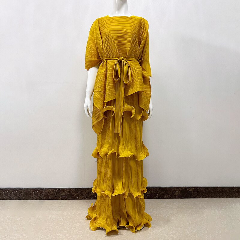 Miyake Pleats Solid Color Suit Spring 2023 New Women's Long Vest Cake Skirt+irregular Shawl Top Temperament Two-piece Set