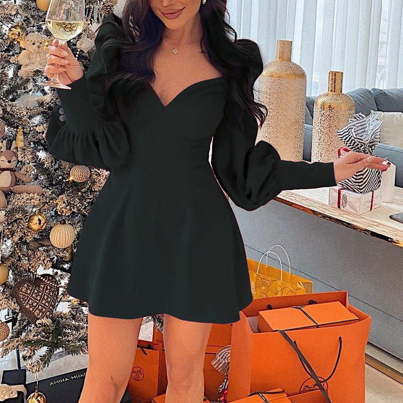 Spring And Autumn Sexy V-Neck Long Sleeved Waist And Thin Temperament All Match Princess Dress