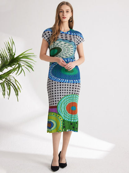 TIANPEI Pleats Plaid Printed Flying Sleeve Dress  New Spring Summer Causal Long Split Evening Dresses Aesthetic Clothes