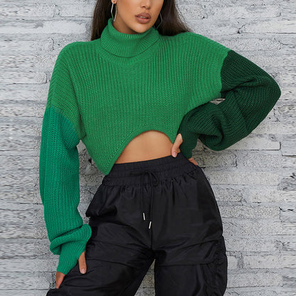 Autumn New Style Women's Fashion Color Contrast Splicing Long Sleeve Street Shot Knitting High Collar Loose Casual Sweater