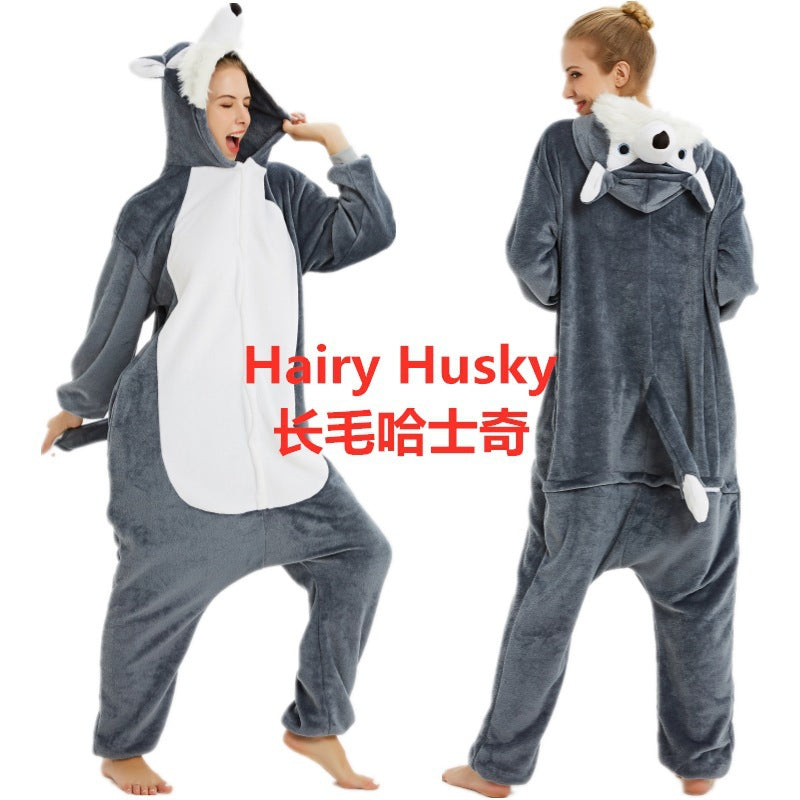 Flannel Cute Cartoon Animation Animal Pajamas Minotaur Elk Husky One-Piece Pajamas For Men And Women