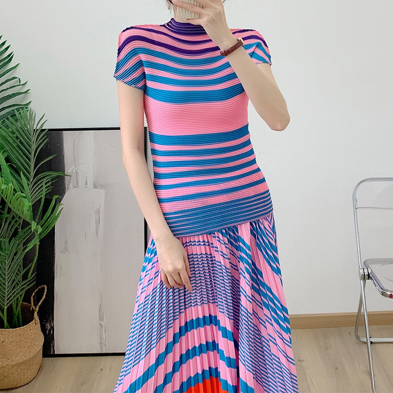 Pleated Blouse Two-Piece New Fashionable Corn Kernel Blouse+Printed Pleated Skirt Set