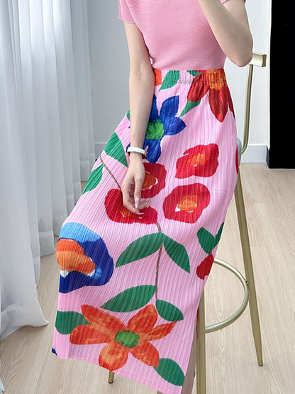 Miyake High-end Print Pink Half-body Skirt  Summer New Slim and Versatile Pleated Open A Word Women's Skirt