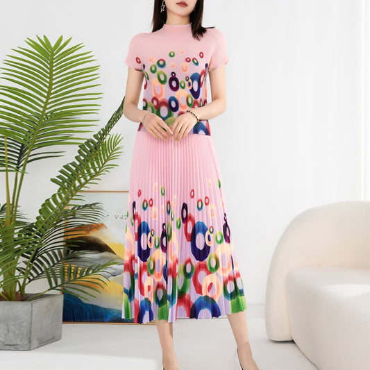 Printed pleated suit for women's pullover, elastic short sleeved top, elastic waist, loose draped half skirt