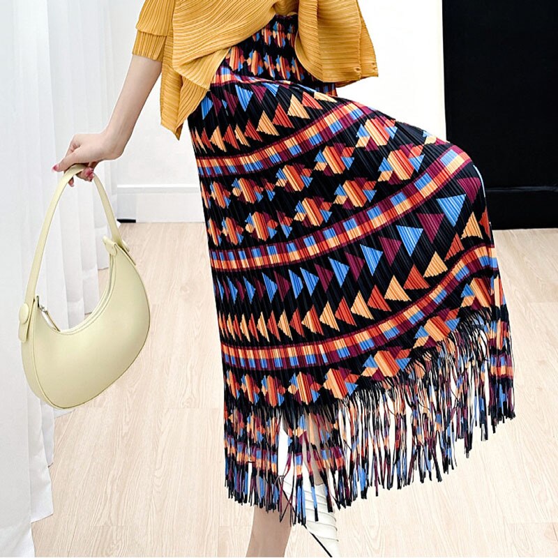 Vintage Printing Tassel Pleated Skirts For Women High Waist With Elastic Midi Skirt Tide Fashion Summer