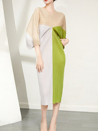 Contrast Color Pleated Dress For Women Casual V-neck Batwing Sleeves Elegant Dresses Female Clothing