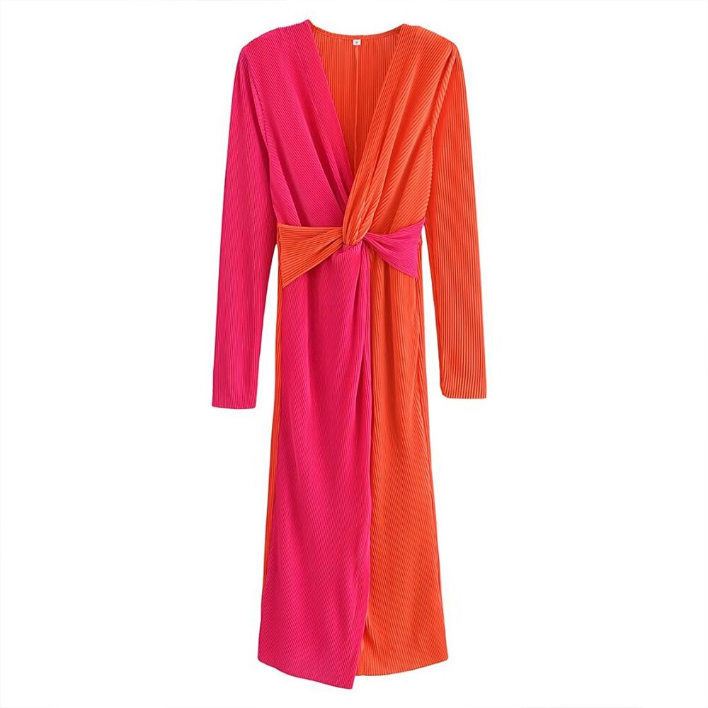 PB&ZA summer new women's fashion temperament V-neck chic slim knot decorated colour blocking pleated dress