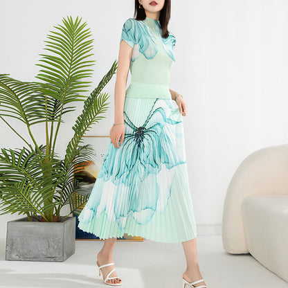 Fashion Printed Pleated 2 Pieces Set For Women Turtleneck Short Sleeves Thin Tops Female Clothing