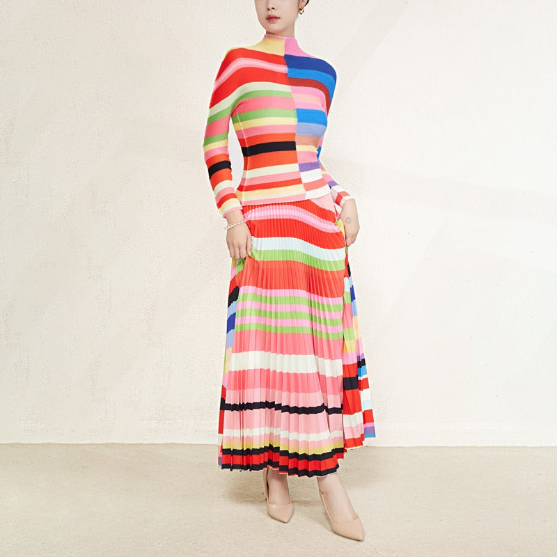 2 Pieces Set Fashion Long Sleeves Slim Tops High Waist Skirts Fashion Printed Clothing
