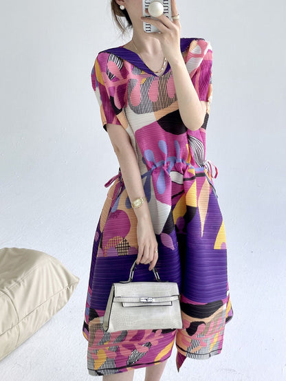 Pleated Summer Comfortable Retro Print Loose V-neck Dress Women's Fashion Temperament Drawstring Waist Skirt