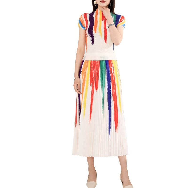 Contrast Color Pleated 2 Pieces Set Women's Turtleneck Short Sleeves Tops High Waist Fold Skirts Casual Clothes
