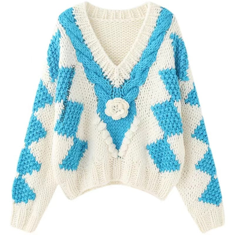Korean Fashion Sweater For Women V Neck Long Sleeve Patchwork Floral Loose Knitting Pullover Female Autumn Clothing