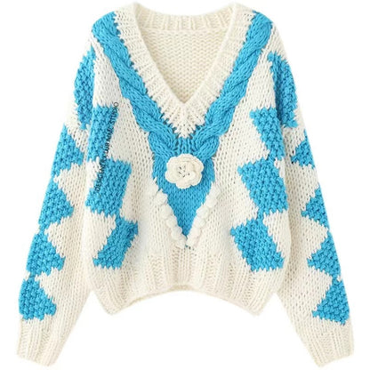 Korean Fashion Sweater For Women V Neck Long Sleeve Patchwork Floral Loose Knitting Pullover Female Autumn Clothing