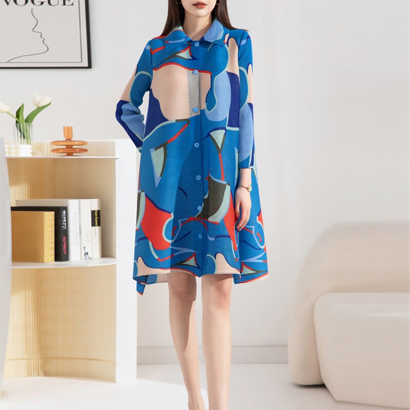 Miyake Pleated Printed Midi Dress for Women 2023 Spring Autumn New Polo Collar Single-Breasted Loose Plus Size Mid-Length Dress
