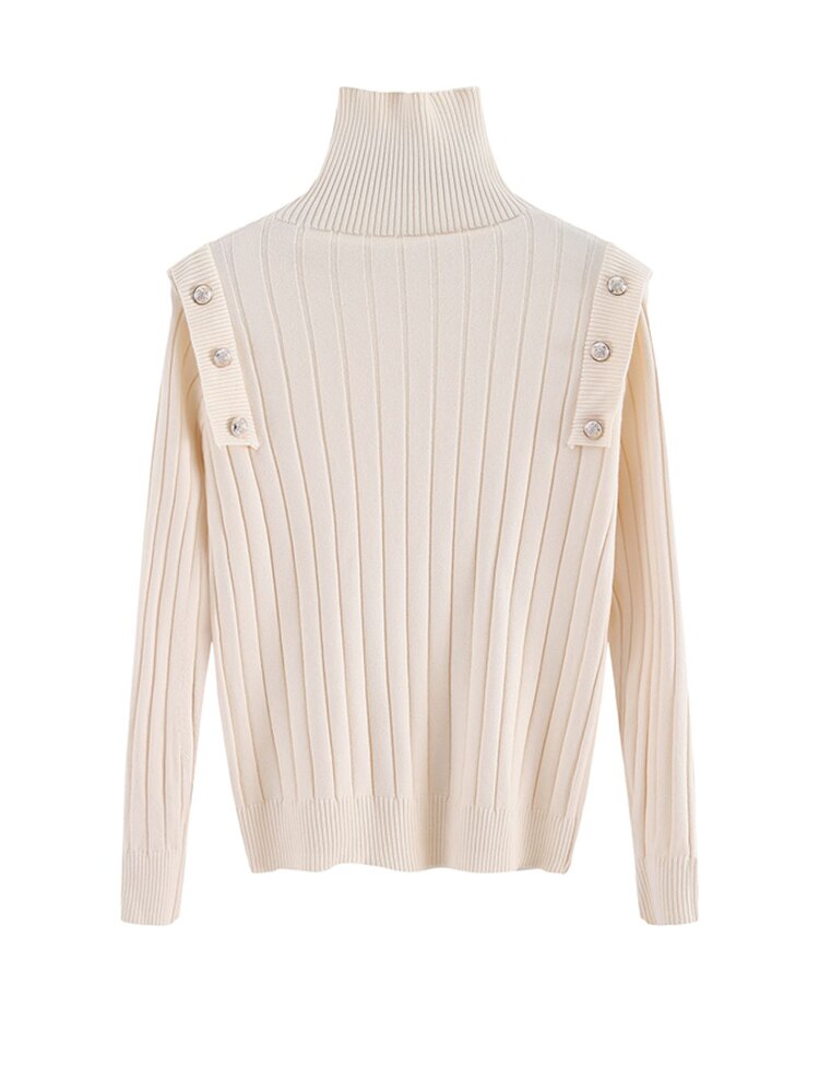 Pullover High Neck Knitwear Women's Spring And Autumn New Slim Button Decoration Long Sleeve Thin Sweater Bottoming Trend