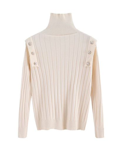 Pullover High Neck Knitwear Women's Spring And Autumn New Slim Button Decoration Long Sleeve Thin Sweater Bottoming Trend
