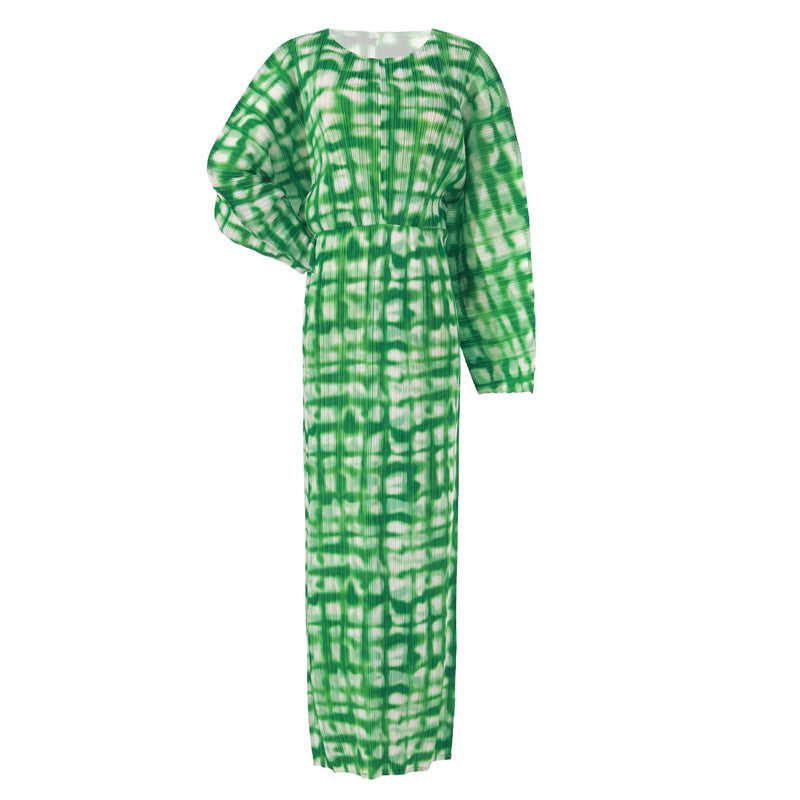 Long Dress For Women Printed Round Neck Pleated Dresses Female Trendy Festival Clothing