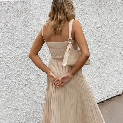 Casual Solid High Waist Knit Dress High Stretshy Sleeveless Pleated Long Skirt Dress Women Summer Beach Slip Dresses