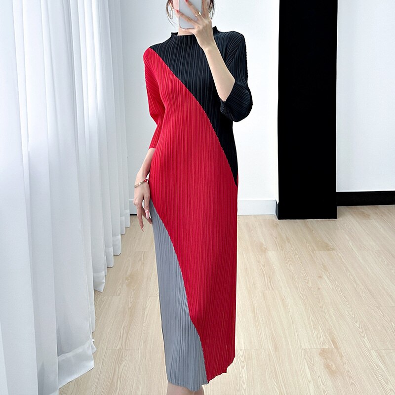 DEAT Pleatd Color Block Dress Women Stand Collar Loose Summer New 2023 Medium Long Elegant Pullover Female Casual 15KB1913