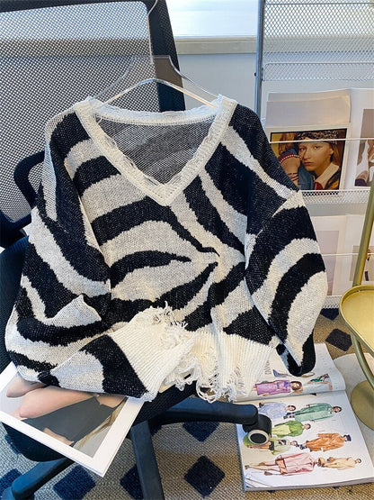 Ripped Striped Oversized V Neck Jumper Sweater Women's Spring Thin Light Fashion Zebra Pattern Crop Long Sleeve Knit Pullovers