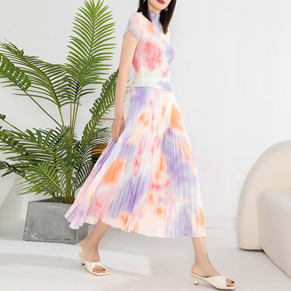 Gradient Pleated 2 Pieces Round Neck Short Sleeves Slim Tops High Waist Fold Skirts Female Clothing