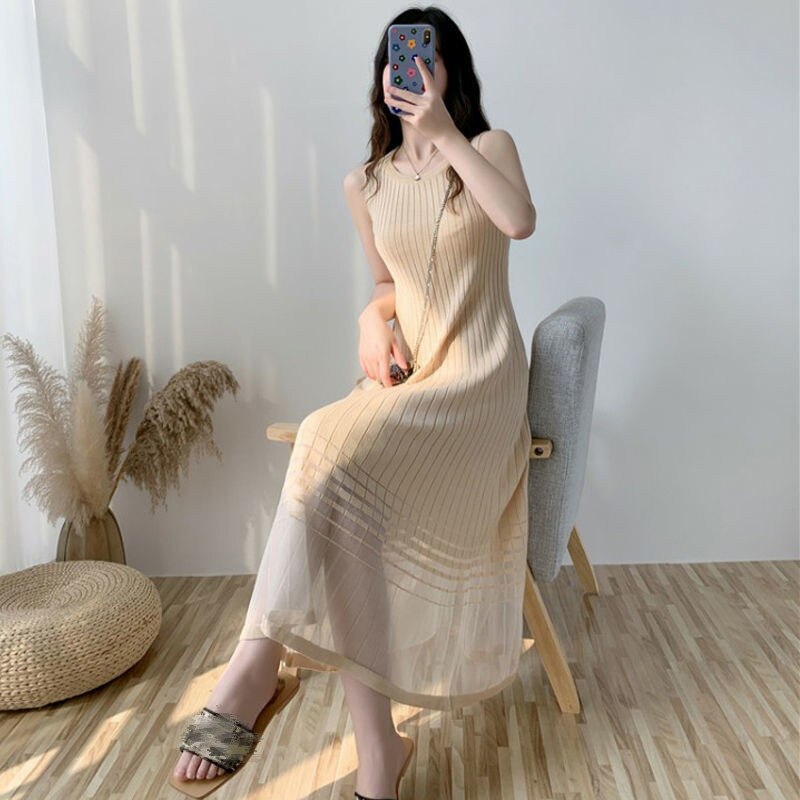 Knitted Sleeveless Long Dress Summer Dress Women's Soft Casual Stretch A Line Mesh Patchwork Striped Hem Dresses