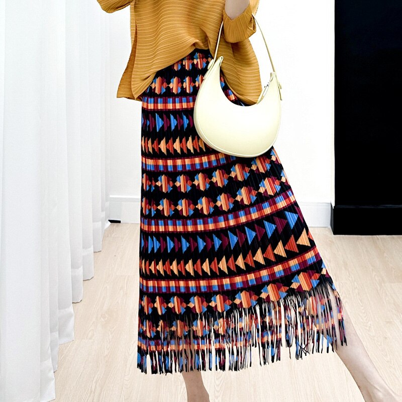 Vintage Printing Tassel Pleated Skirts For Women High Waist With Elastic Midi Skirt Tide Fashion Summer