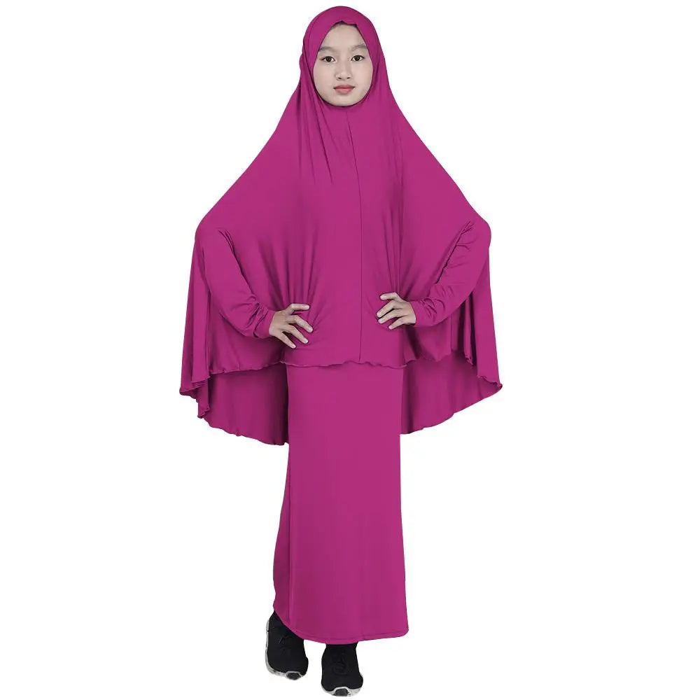 2pcs Set Abaya Muslim Kids Girls Gowns Long Overhead Hijab Maxi Dress Islamic Prayer Garment Clothing Set Turkey Khimar Ramadan